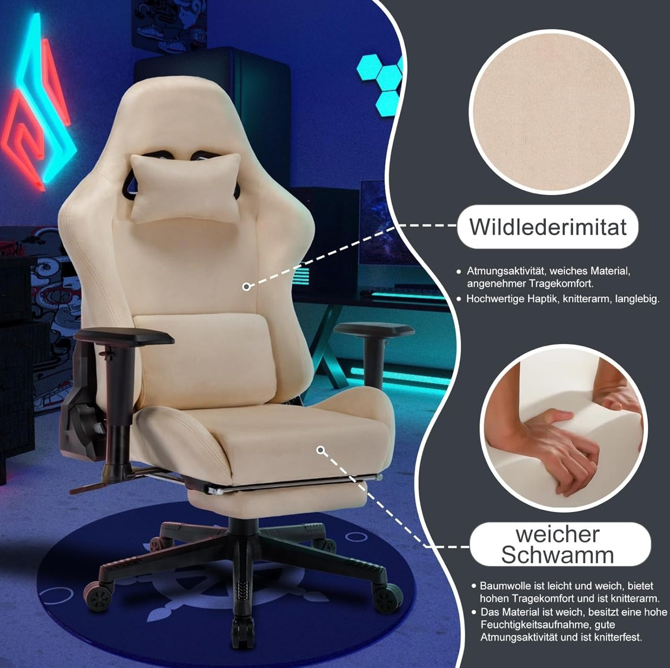 Gaming Stuhl ergonomisch | PC Stuhl, höhenverstellbar, drehbar, Fußstütze, 4 Farben