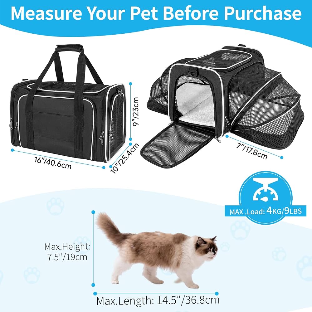 Erweiterbare Haustier Transporttasche Katze Hund Flugzeug Reisetasche Schwarz 40cm