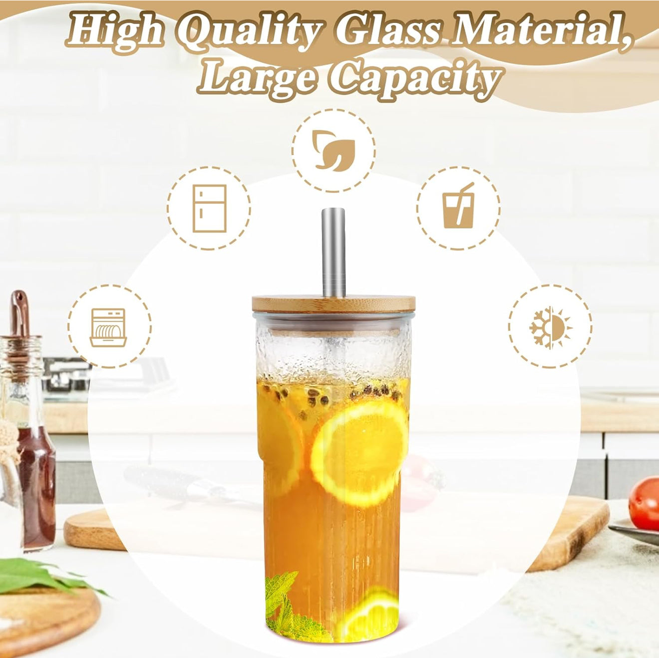 2x 600ml Boba Cup Glas Trinkbecher mit Bambusdeckel & Edelstahl Stronhalm Set