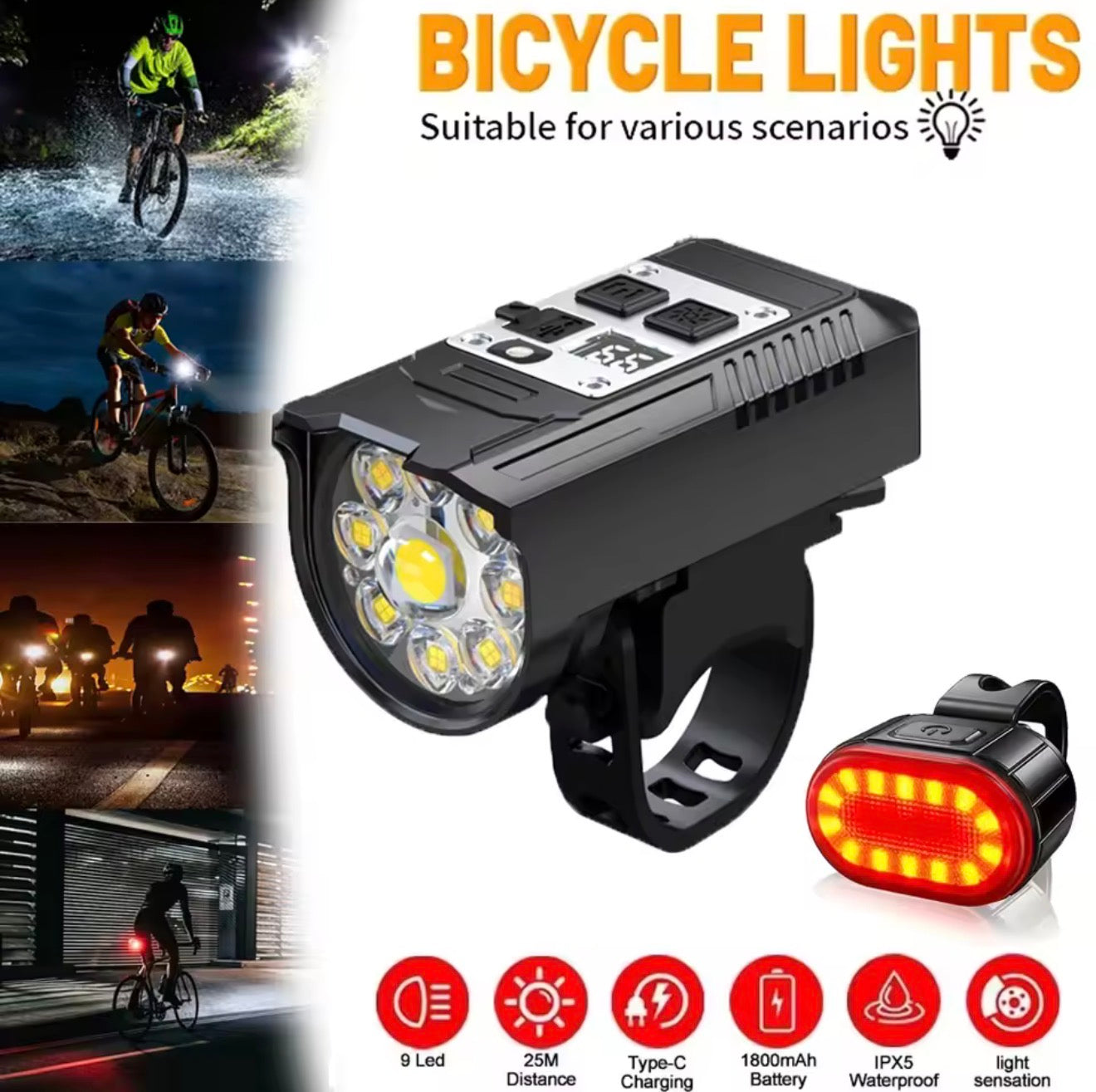 USB-C LED Fahrradlicht Set Front + Rücklicht wiederaufladbar, spritzwassergeschützt
