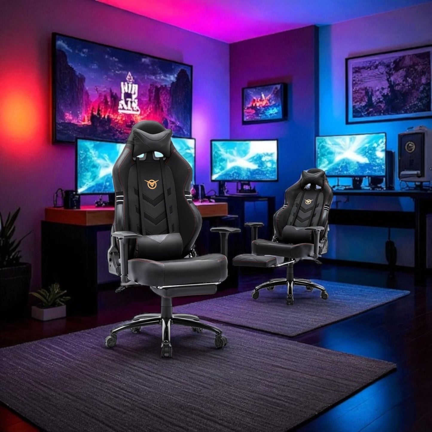 Ergonomischer Gaming-Stuhl mit Fußstütze – 159 kg belastbar, PU-Leder, große Sitzfläche, 3D-Armlehnen, verstellbare Rückenlehne (bis 150°), Home Office & Gaming