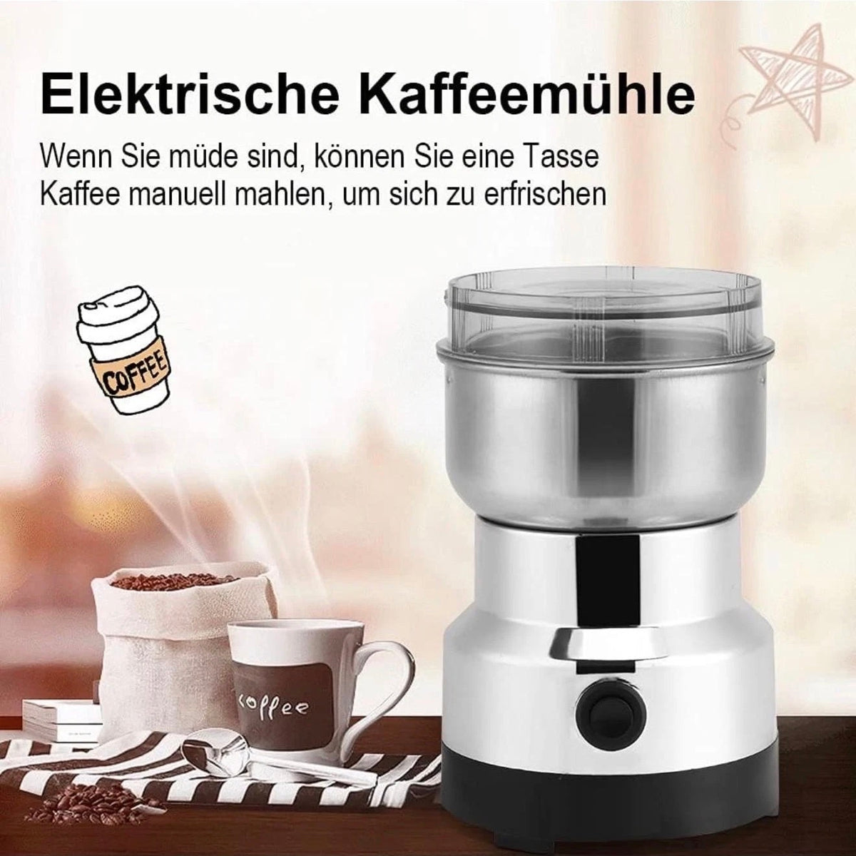 2X Elektrische Kaffee- & Gewürzmühle Edelstahl 200W Hochleistung
