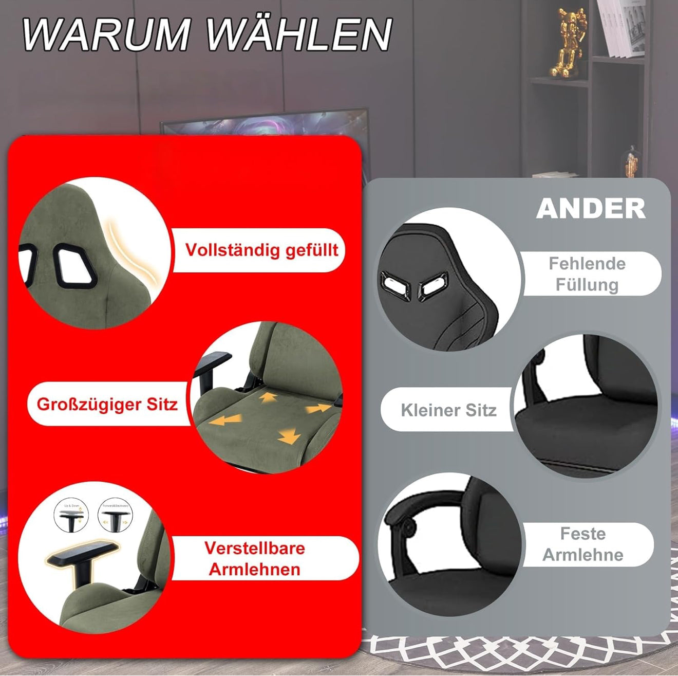 Gaming Stuhl ergonomisch | PC Stuhl, höhenverstellbar, drehbar, Fußstütze, 4 Farben