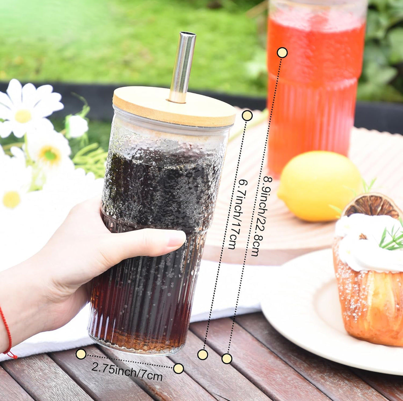 2x 600ml Boba Cup Glas Trinkbecher mit Bambusdeckel & Edelstahl Stronhalm Set