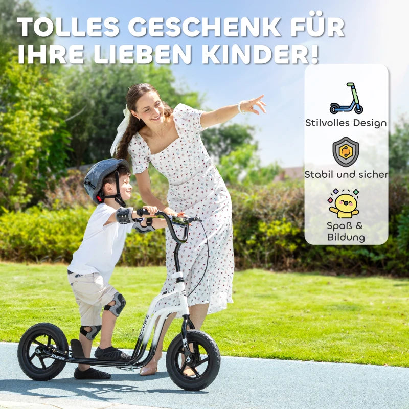 Kinderroller höhenverstellbar 5–12J, 12” Räder, Handbremse, Ständer