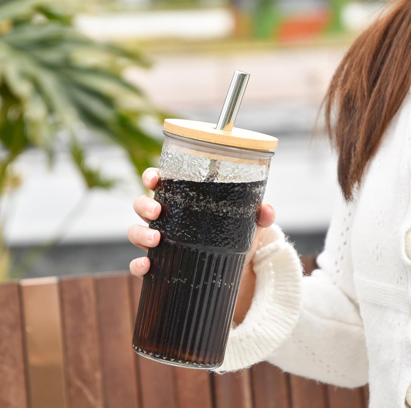 2x 600ml Boba Cup Glas Trinkbecher mit Bambusdeckel & Edelstahl Stronhalm Set