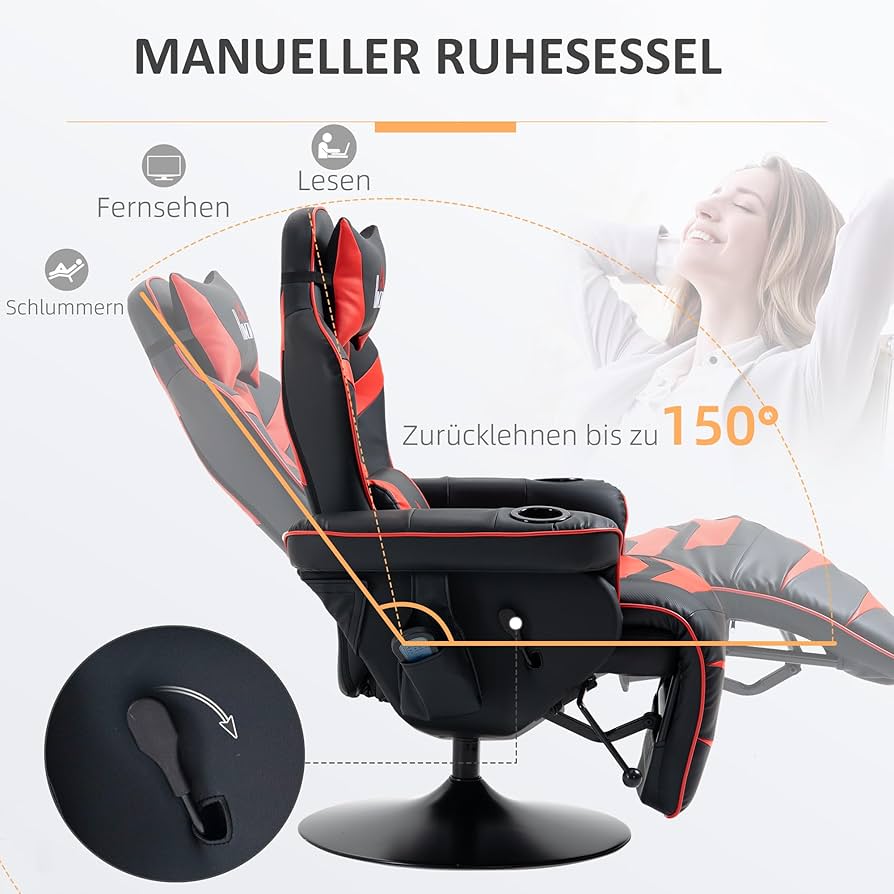 Gaming Massagesessel mit Fußstütze, 150° Lehne, Grau , Rot ,