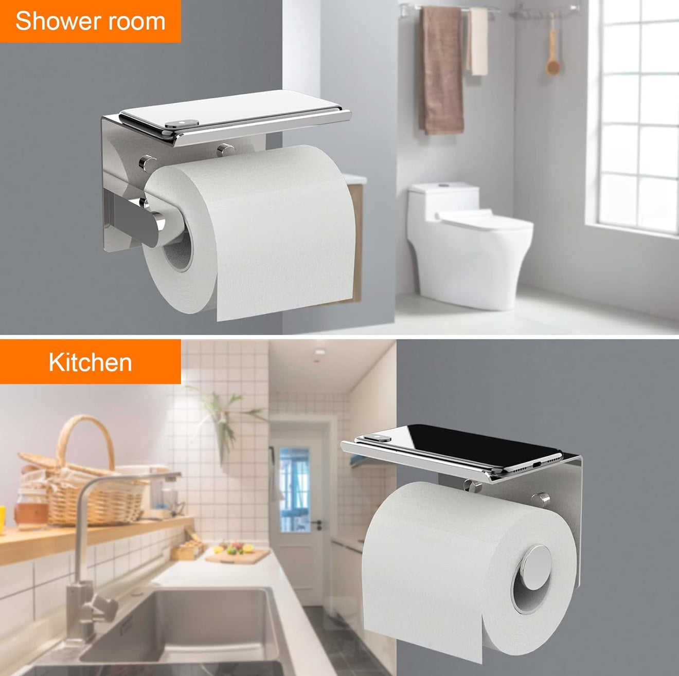 2X Toilettenpapierhalter Edelstahl mit Ablage, Selbstklebend oder Bohren, Silber