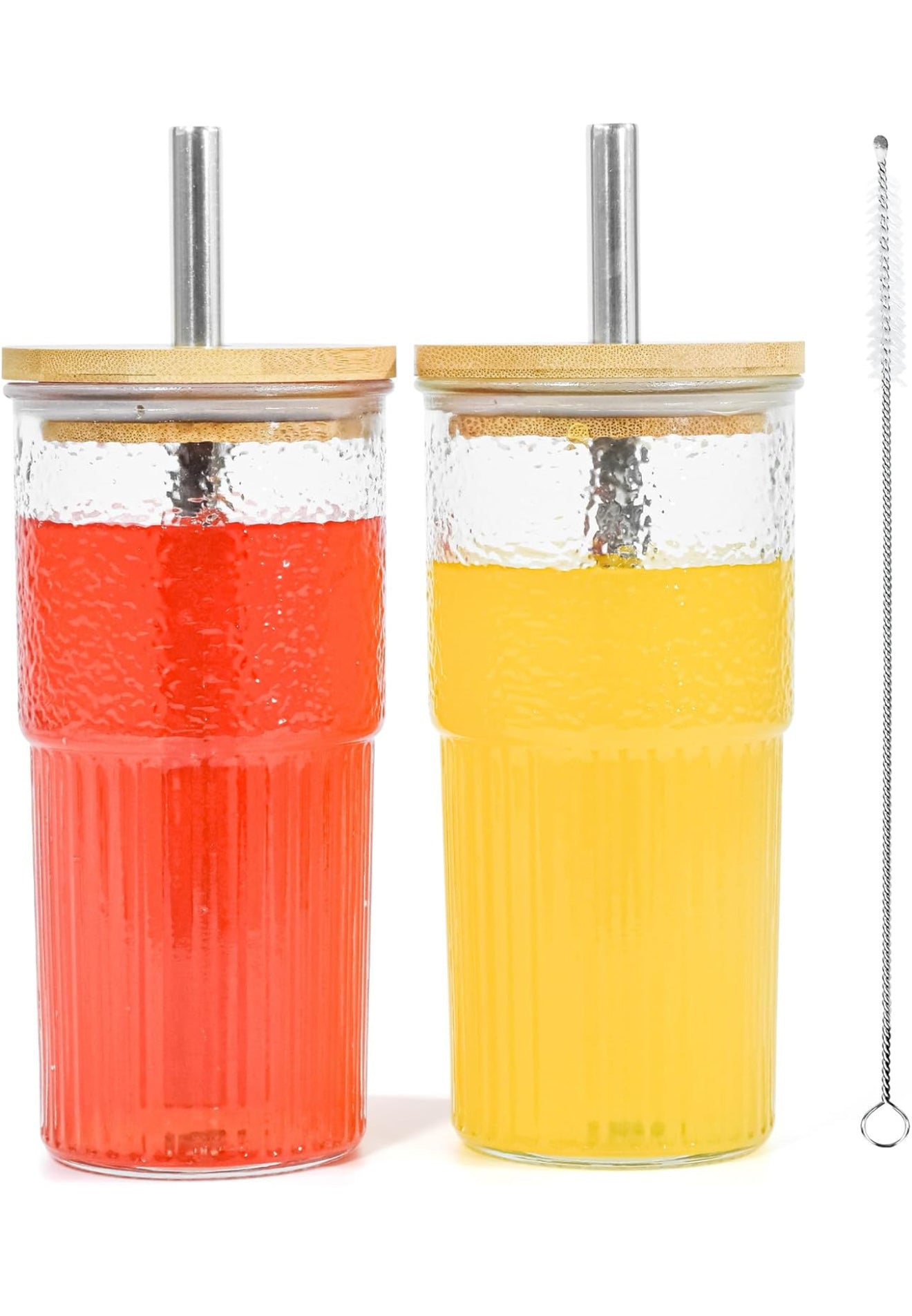 2x 600ml Boba Cup Glas Trinkbecher mit Bambusdeckel & Edelstahl Stronhalm Set