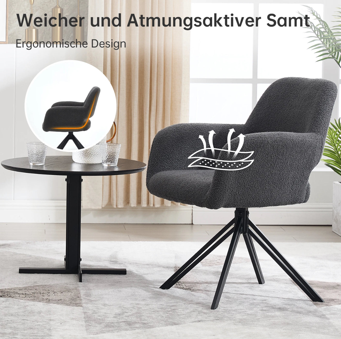 2er Set Drehbare Esszimmerstühle aus Teddy-/Bouclé-Stoff – 180° Selbstrückstellung, Komfort & Stil – Schwarz oder Weiß – Kostenloser Versand