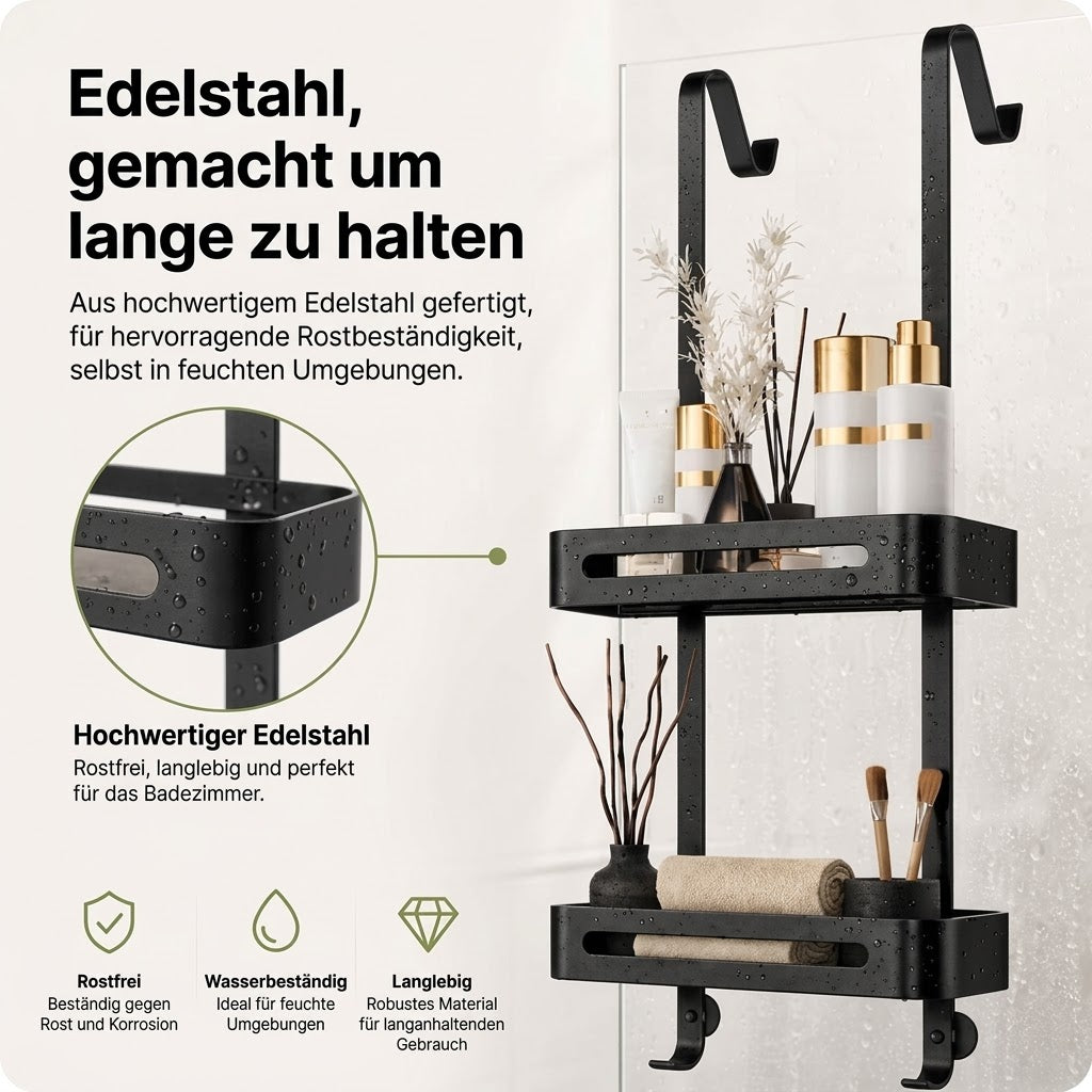 Duschregal Hängend 2 Etagen Schwarz Edelstahl 74cm Ohne Bohren mit Saugnäpfen