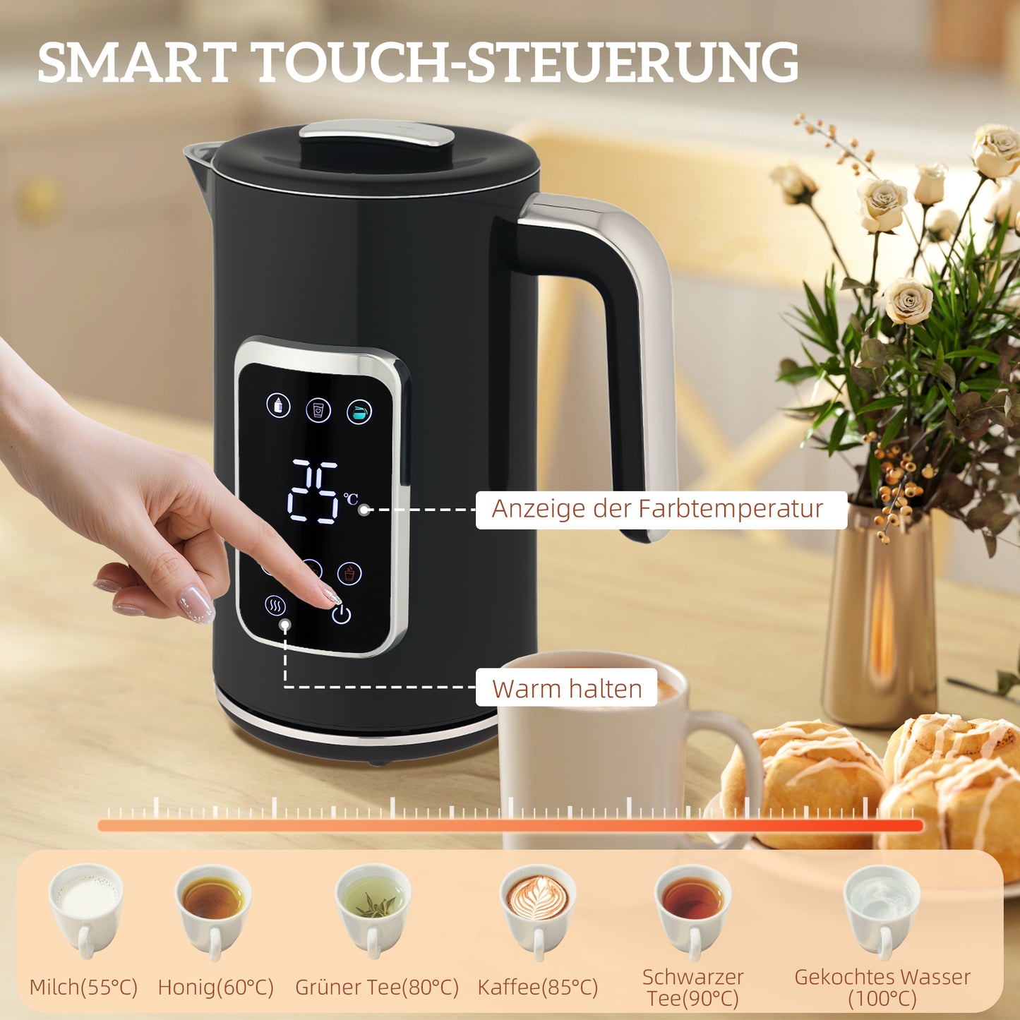 Elektrischer Wasserkocher & Toaster-Set 1,7L LED-Touchscreen Schwarz/Creme