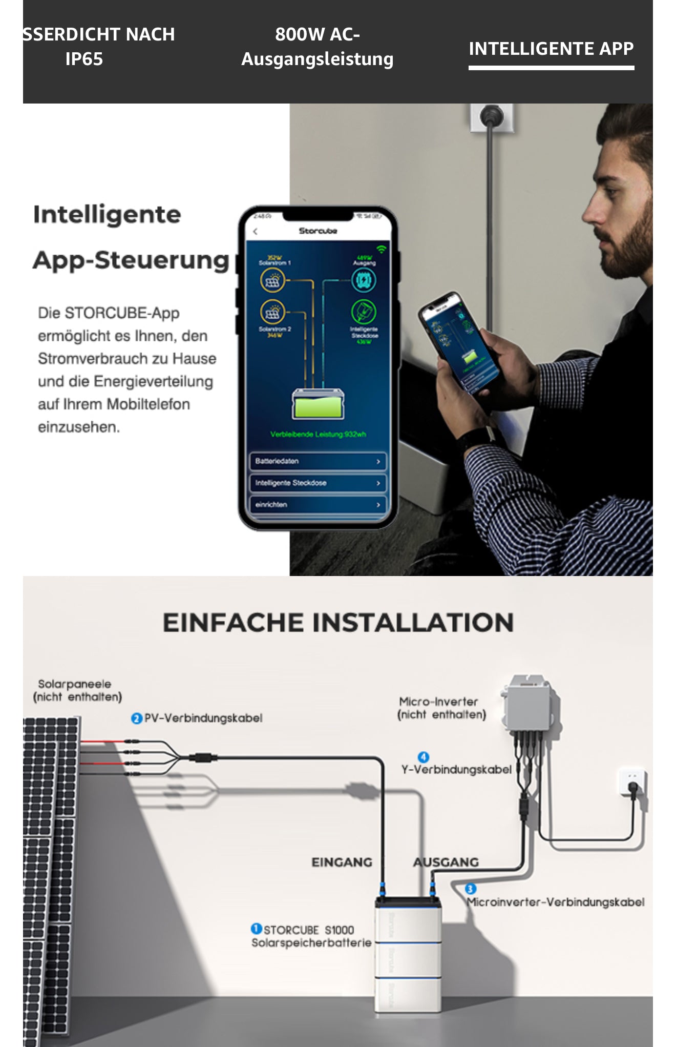 STORCUBE S1000 Balkonkraftwerk Speicher – 1024Wh LiFePO4, 800W, IP65, Plug&Play