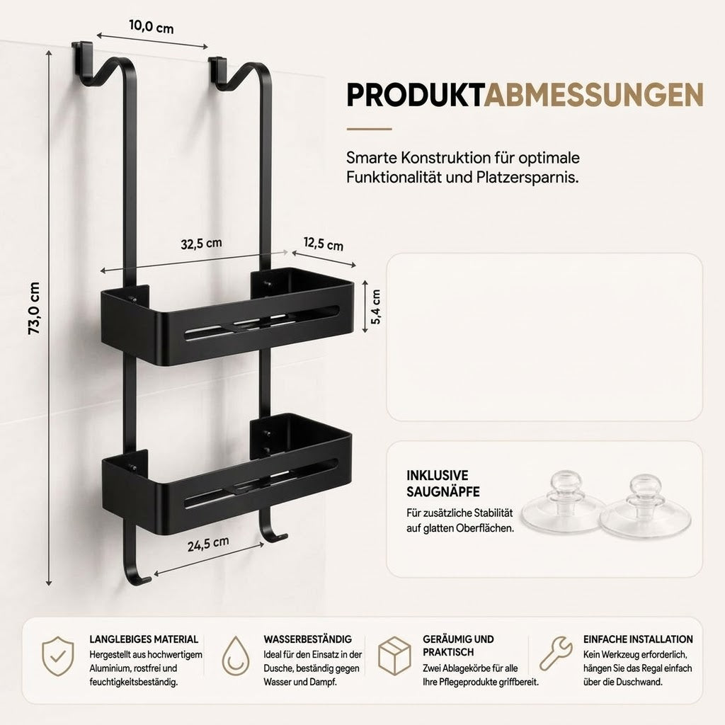 Duschregal Hängend 2 Etagen Schwarz Edelstahl 74cm Ohne Bohren mit Saugnäpfen