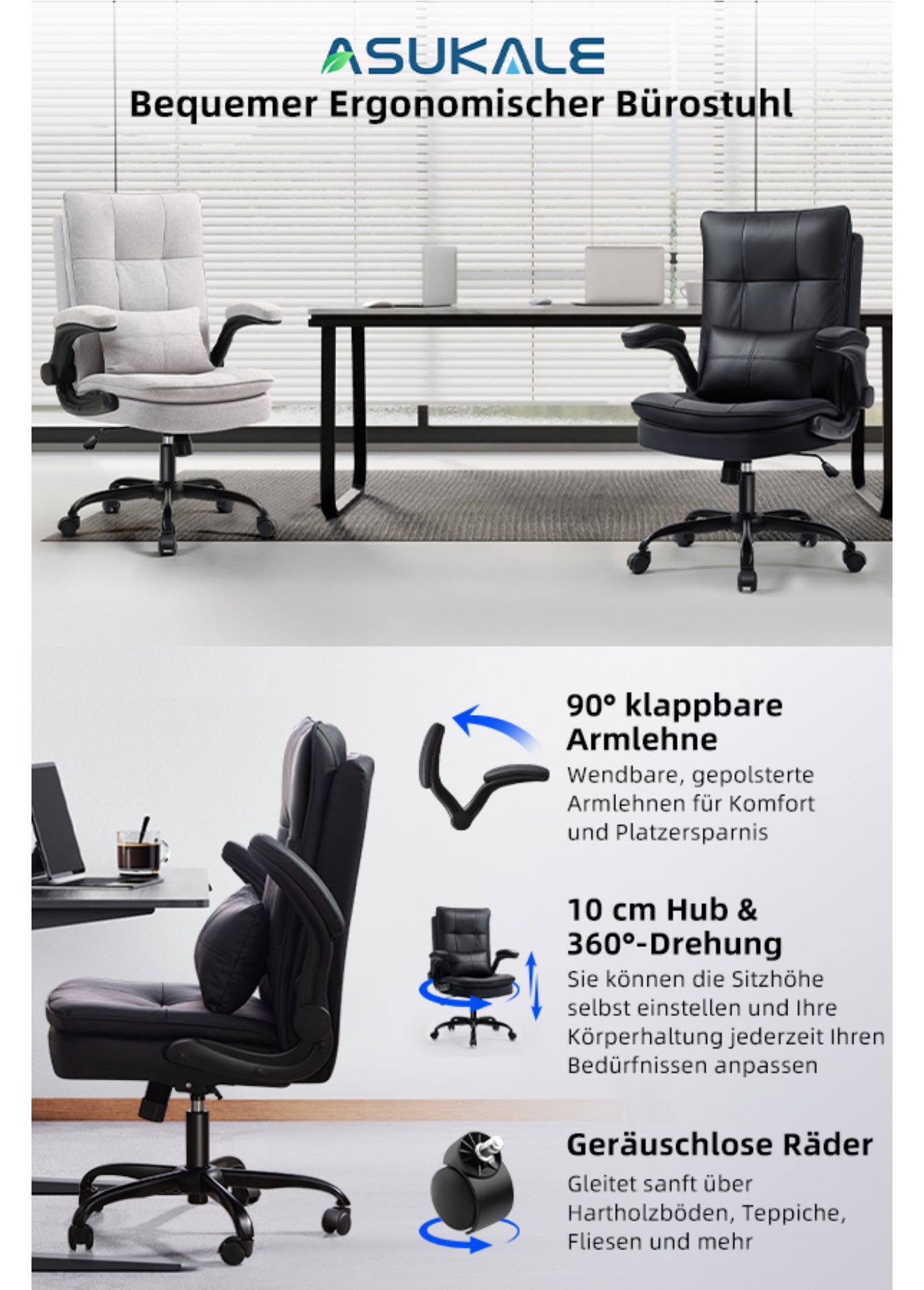 Ergonomischer Bürostuhl | Kratzfestes Kunstleder | Klappbare Armlehnen | 150 kg