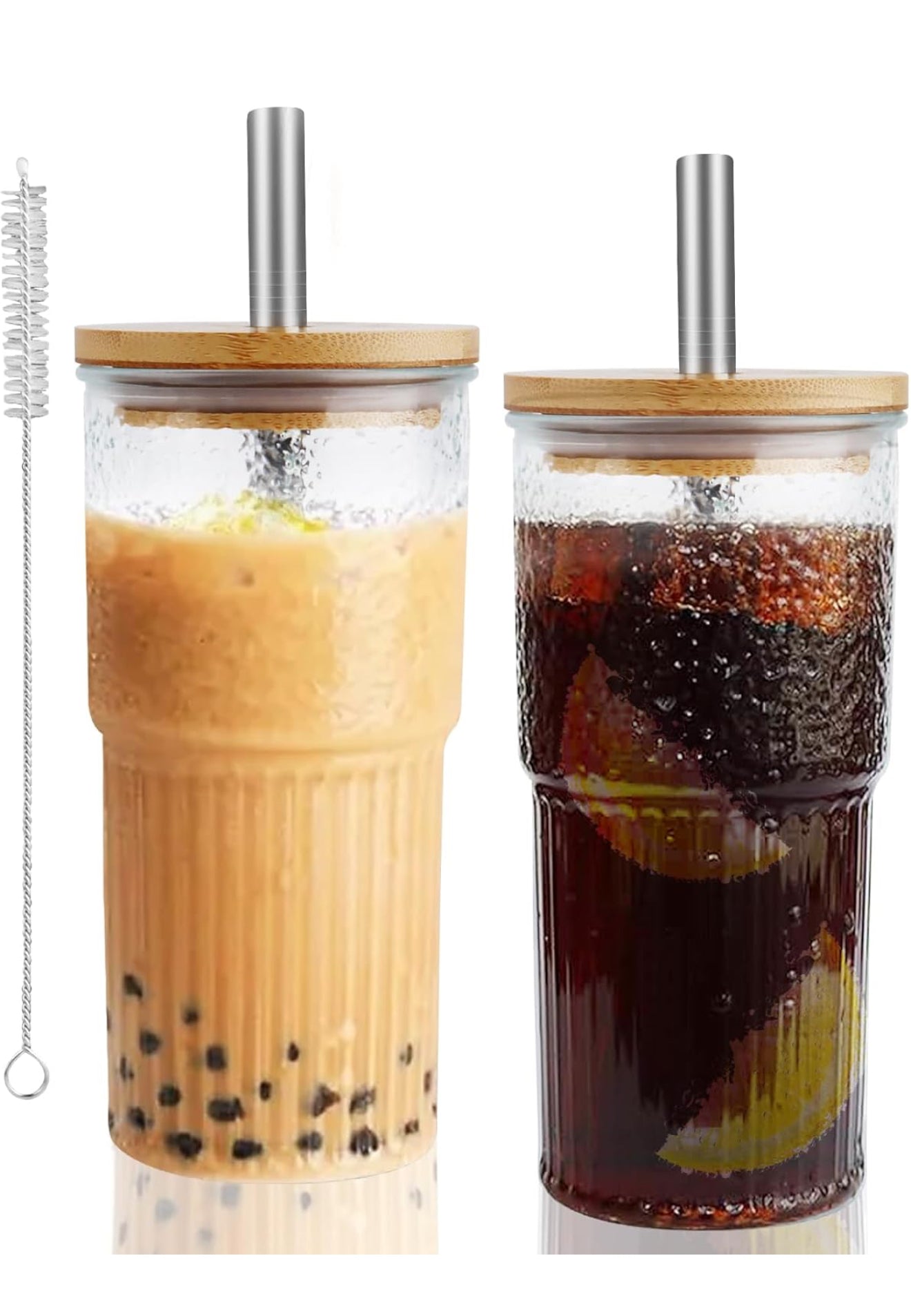 2x 600ml Boba Cup Glas Trinkbecher mit Bambusdeckel & Edelstahl Stronhalm Set
