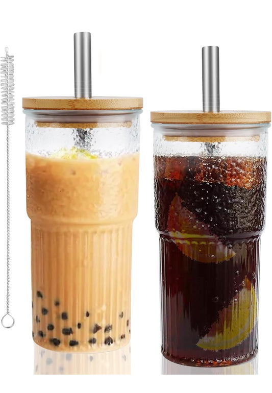 2x 600ml Boba Cup Glas Trinkbecher mit Bambusdeckel & Edelstahl Stronhalm Set