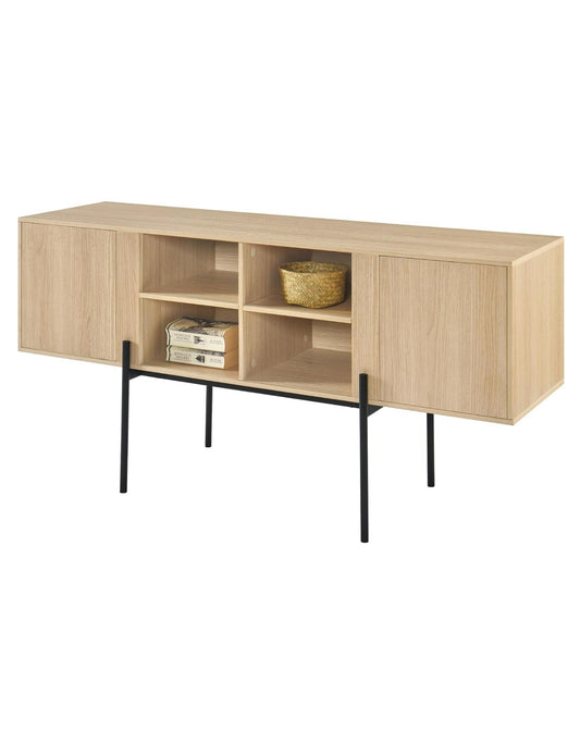 TV-Schrank 140 cm – Eichenoptik, Metallfüße, geeignet für Fernseher bis 65 Zoll – modernes Sideboard mit Türen und offenen Ablagen