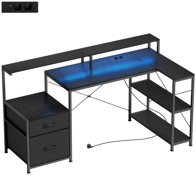 L-förmiger Gaming-Schreibtisch mit LED, Steckdosen & Monitorablage