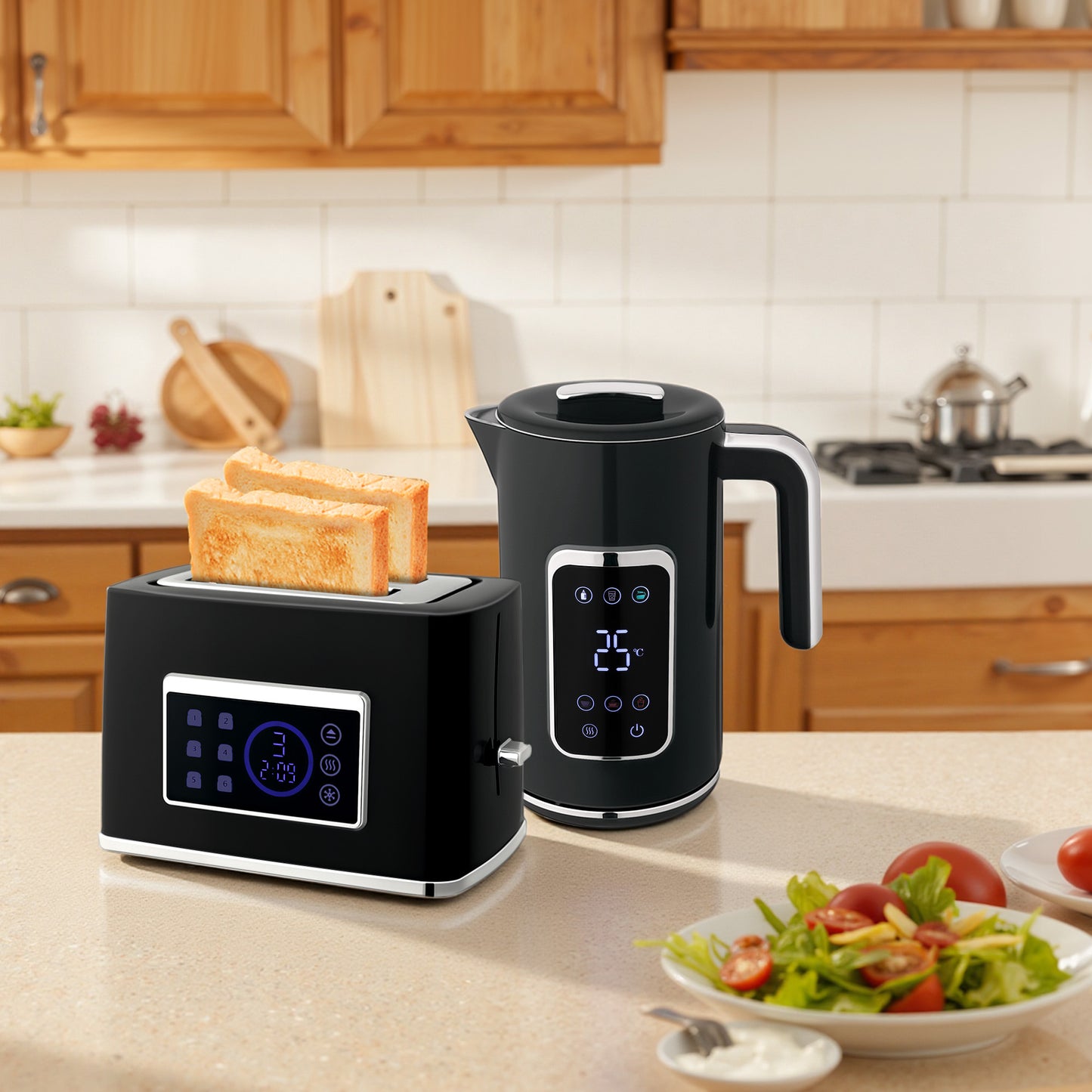 Elektrischer Wasserkocher & Toaster-Set 1,7L LED-Touchscreen Schwarz/Creme