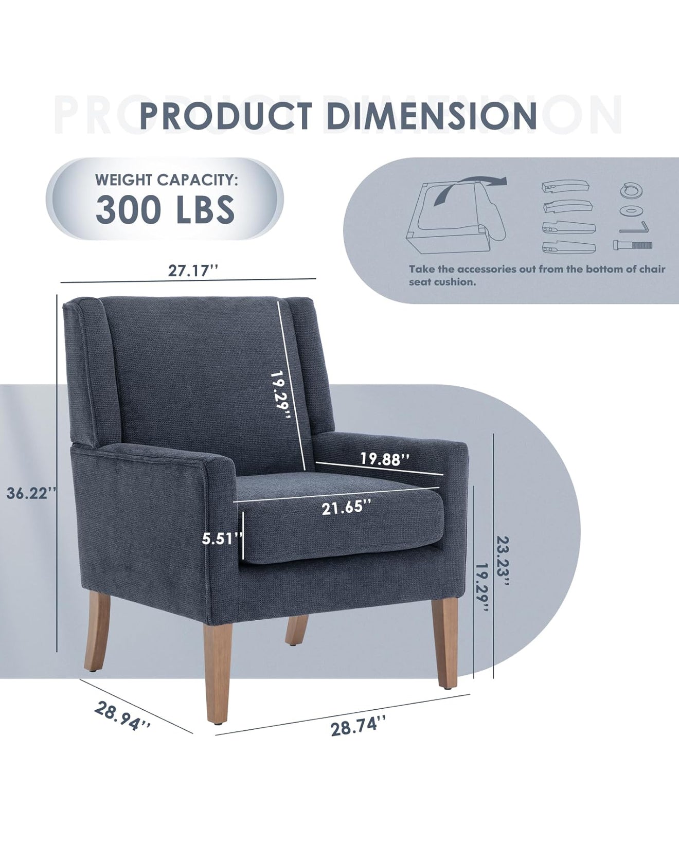 Moderner Akzentstuhl in Beige, Blau, F Blau & Hellgrau – Ergonomisch gepolstert, mit Holzfüßen, hoher Rückenlehne & 150 kg Tragkraft