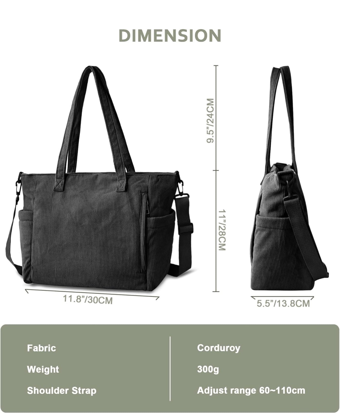 Cord Shopper Schultertasche Hobo Groß Schwarz/Beige mit Reißverschluss + Schlüsselanhänger