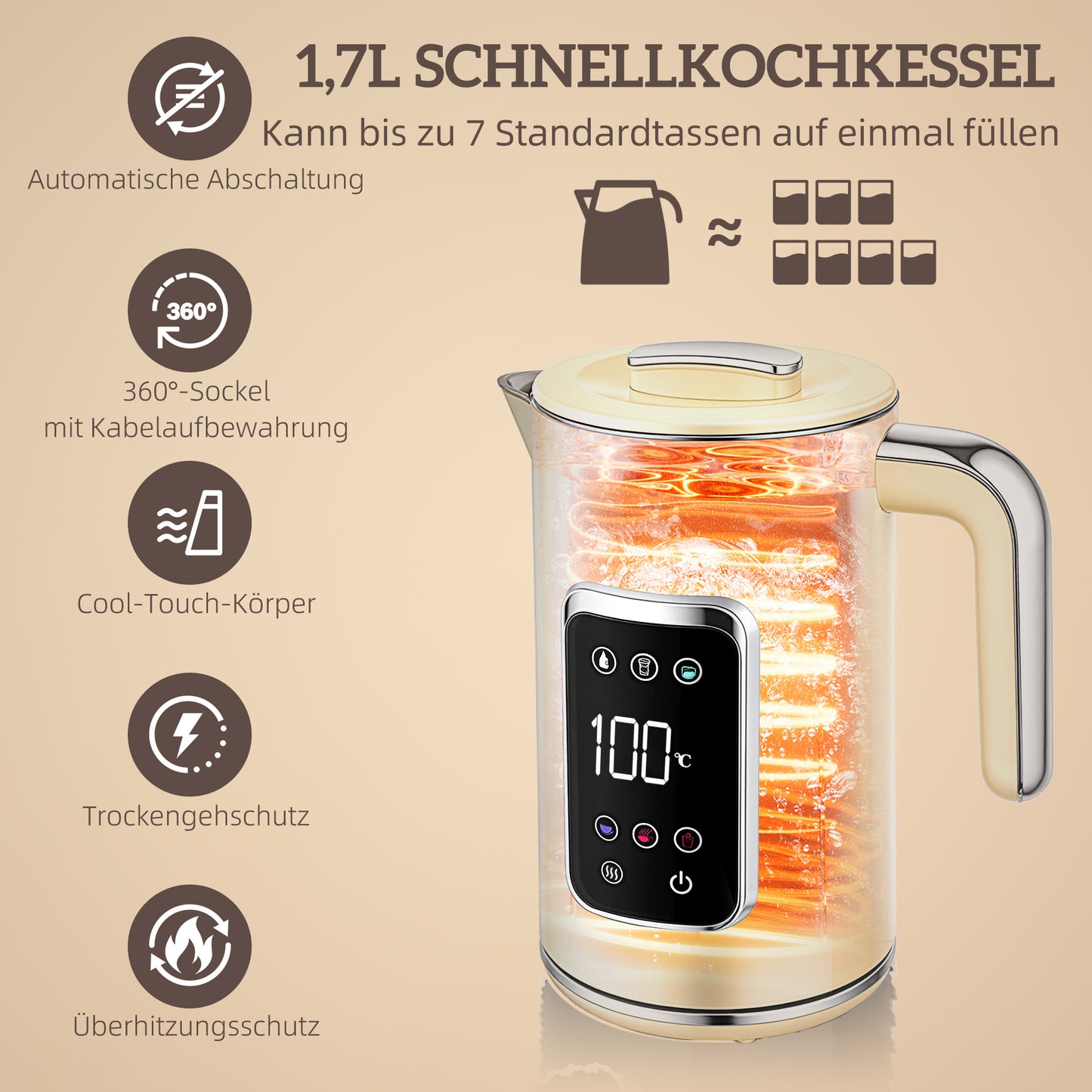 Elektrischer Wasserkocher & Toaster-Set 1,7L LED-Touchscreen Schwarz/Creme