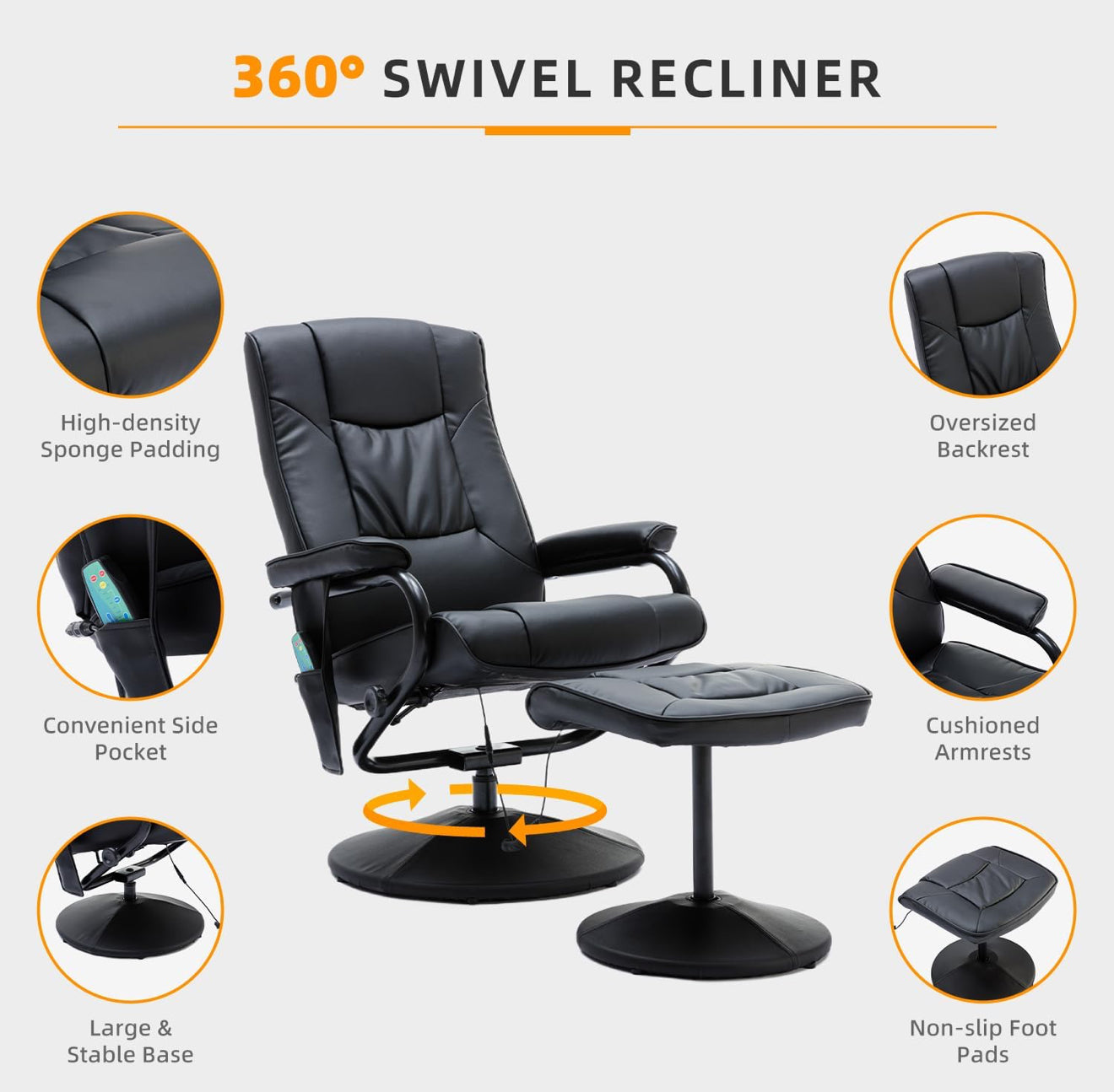 ALTIN™ Elektrischer Massagesessel mit Wärmefunktion – Liegefunktion, Fußhocker, 360° Drehbar, Kunstleder, Schwarz – Relax- & TV-Sessel mit Seitentasche
