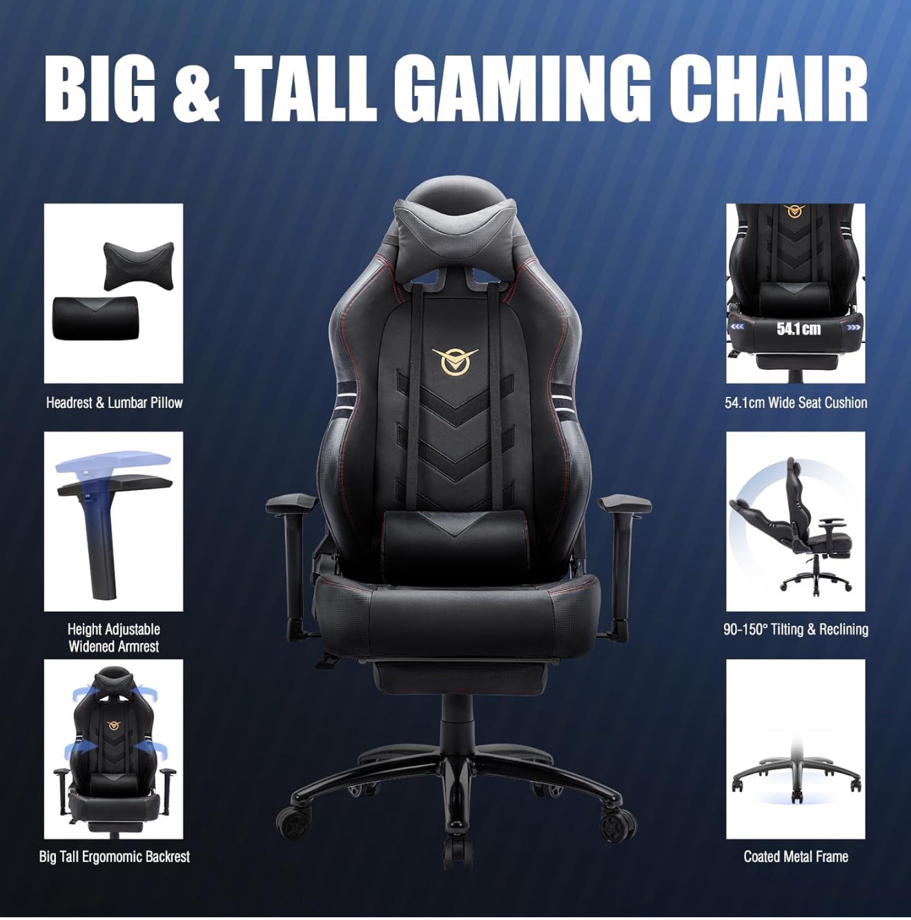 Ergonomischer Gaming-Stuhl mit Fußstütze – 159 kg belastbar, PU-Leder, große Sitzfläche, 3D-Armlehnen, verstellbare Rückenlehne (bis 150°), Home Office & Gaming