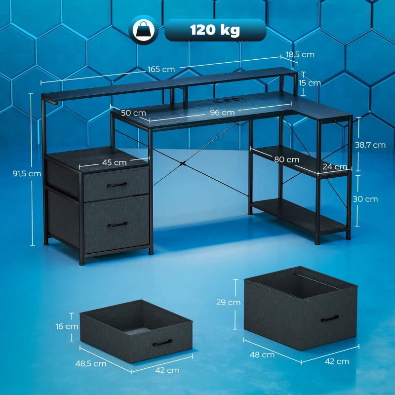 L-förmiger Gaming-Schreibtisch mit LED, Steckdosen & Monitorablage