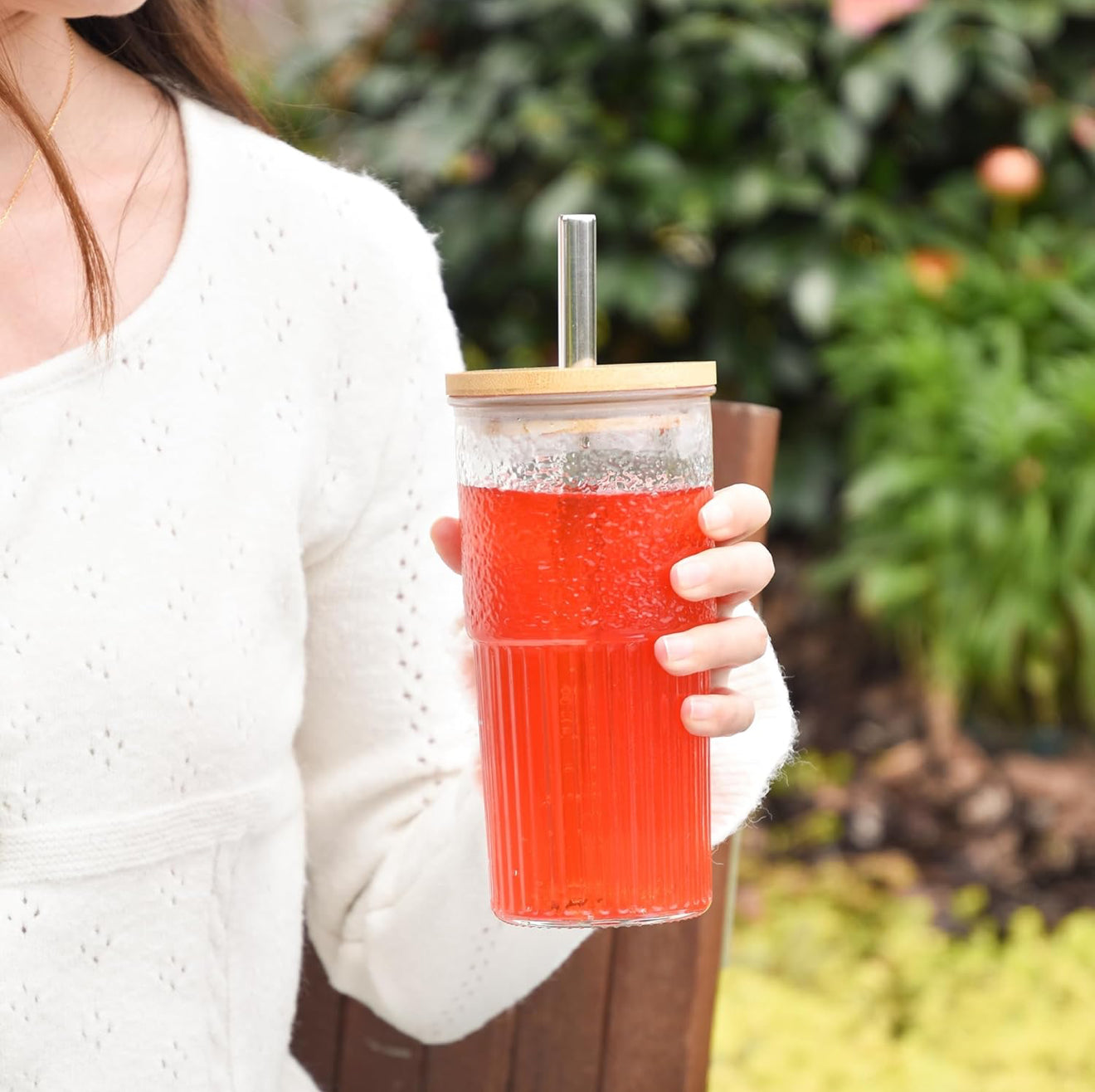 2x 600ml Boba Cup Glas Trinkbecher mit Bambusdeckel & Edelstahl Stronhalm Set