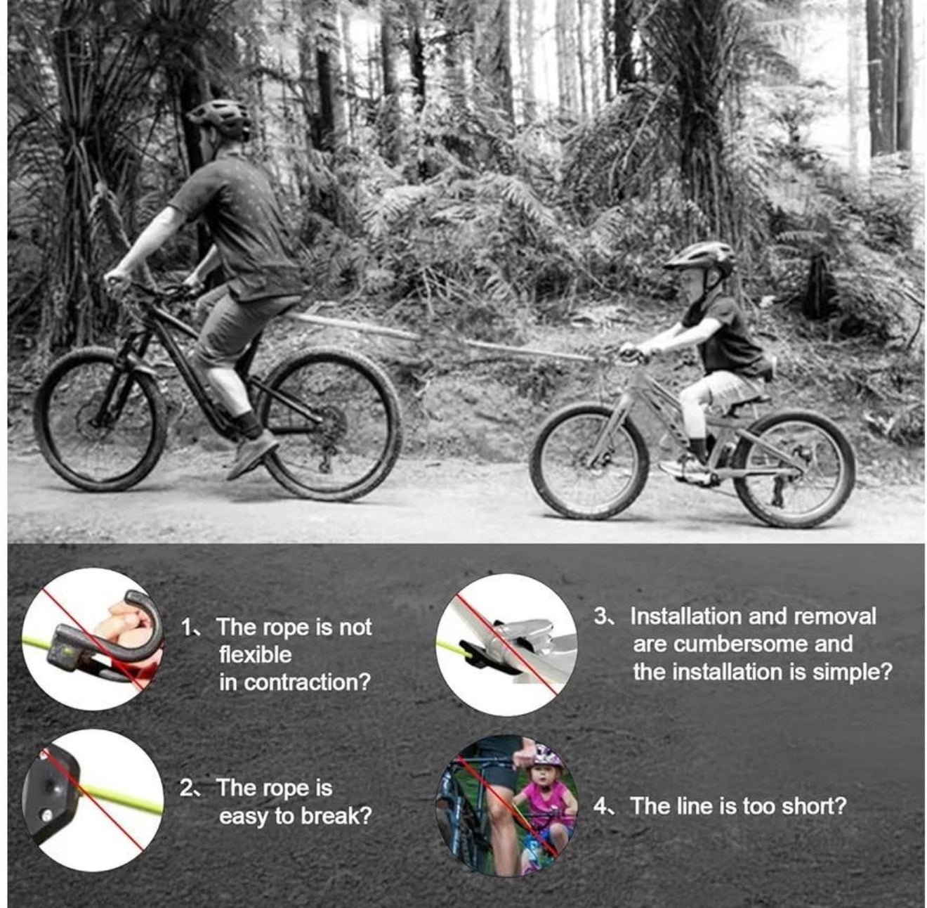 Kinder MTB Abschleppgurt 2,5m automatisch einziehbar – Schwarz 100kg