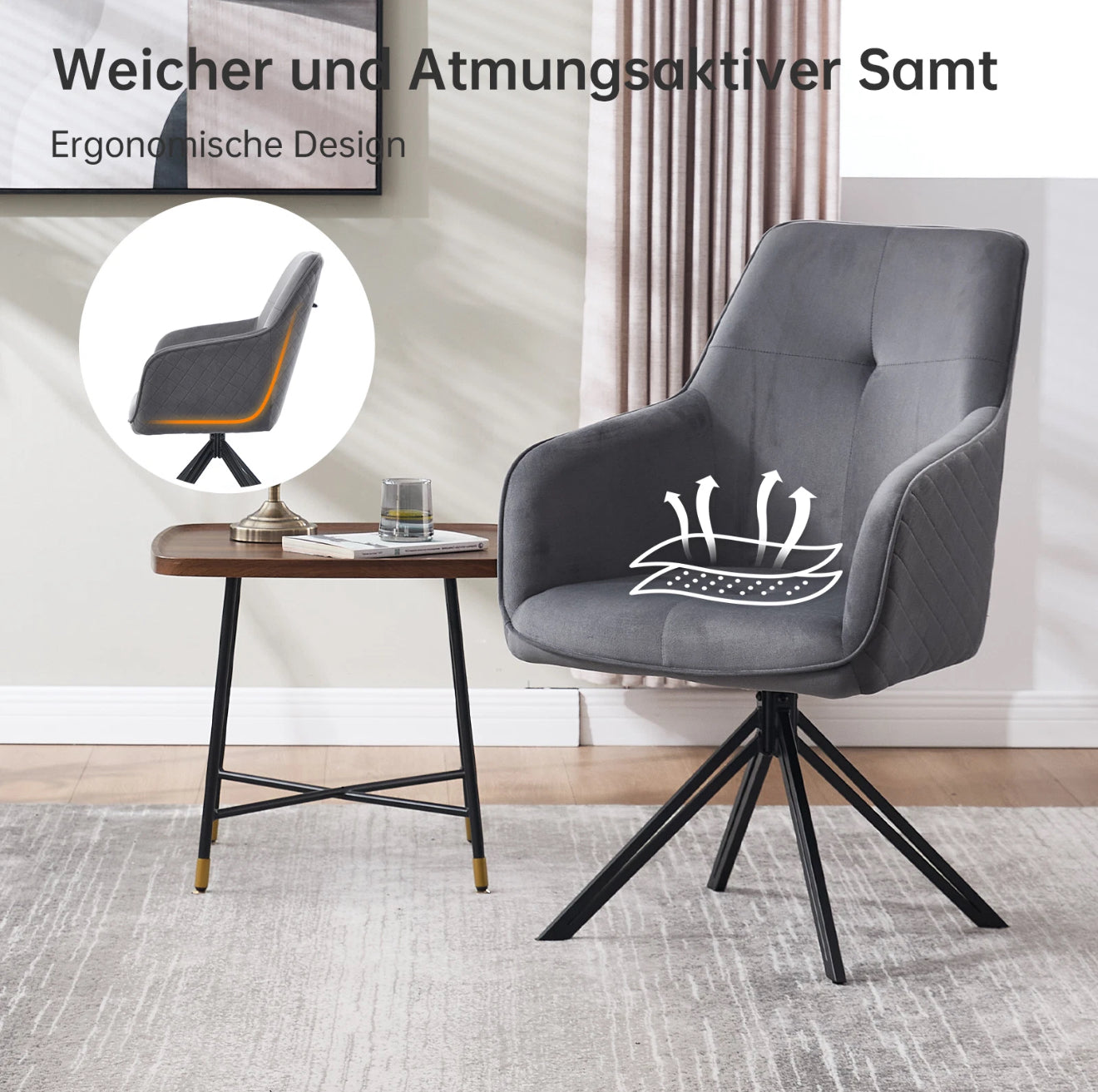 2er Set Drehbare Esszimmerstühle aus Samt – 180° Selbstrückstellung, Kapitoniertes Design – Grau oder Weiß – Kostenloser Versand