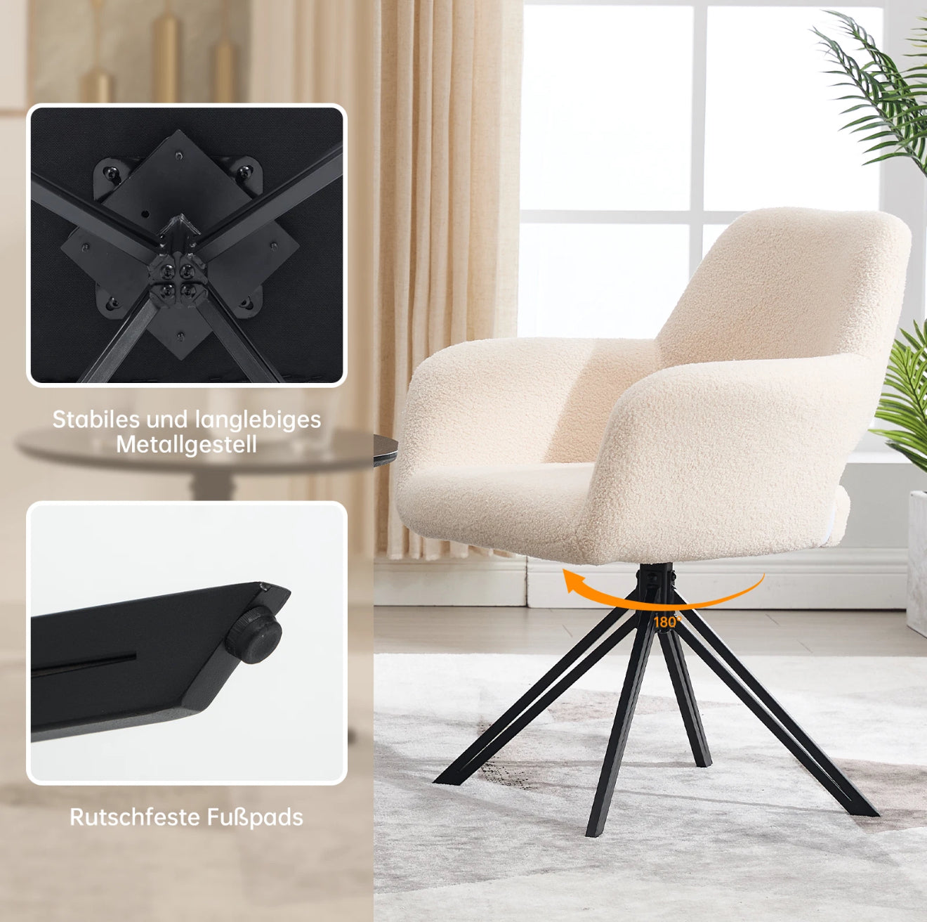 2er Set Drehbare Esszimmerstühle aus Teddy-/Bouclé-Stoff – 180° Selbstrückstellung, Komfort & Stil – Schwarz oder Weiß – Kostenloser Versand