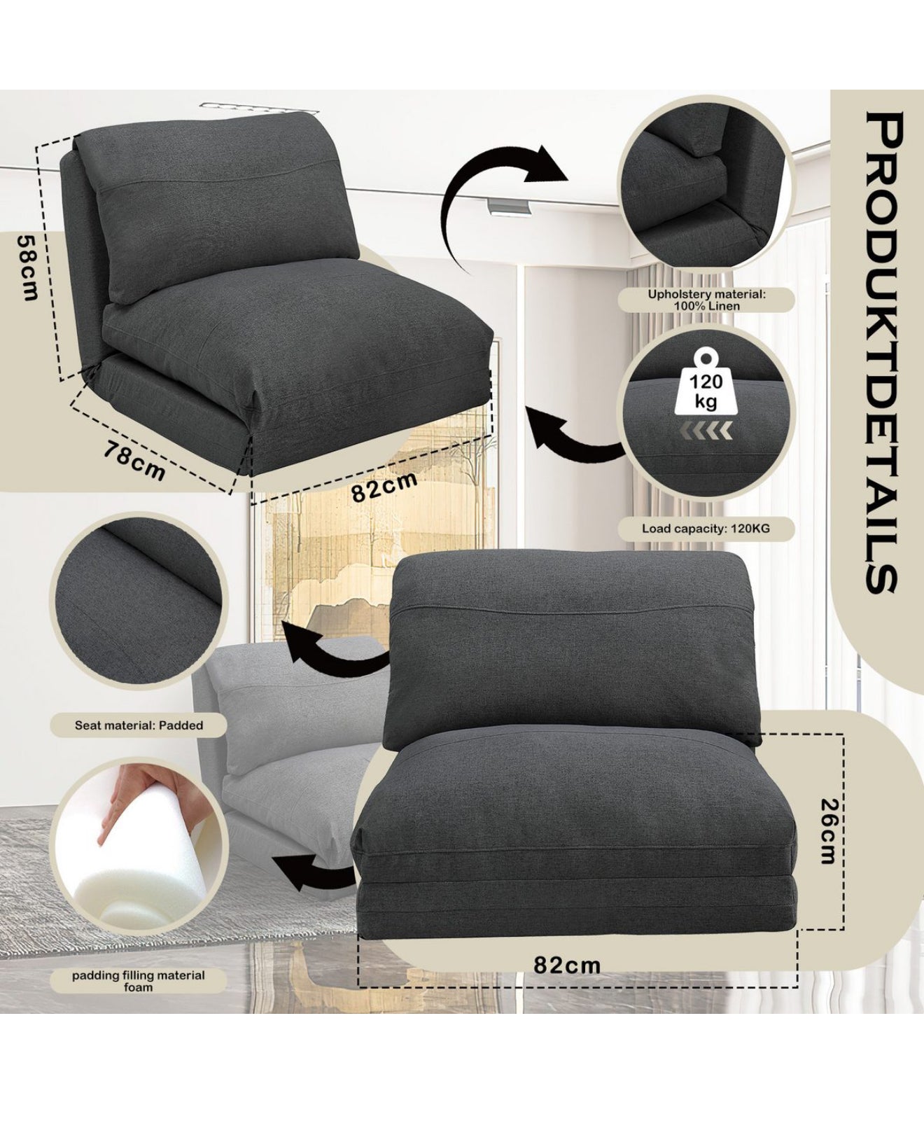 ALTIN™ Sofa & Bett ( Dunkelgrau & Grau )