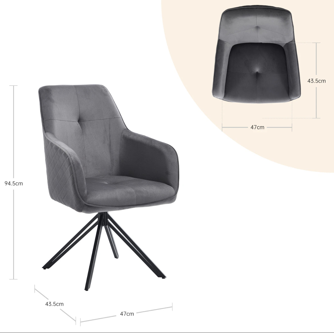 2er Set Drehbare Esszimmerstühle aus Samt – 180° Selbstrückstellung, Kapitoniertes Design – Grau oder Weiß – Kostenloser Versand