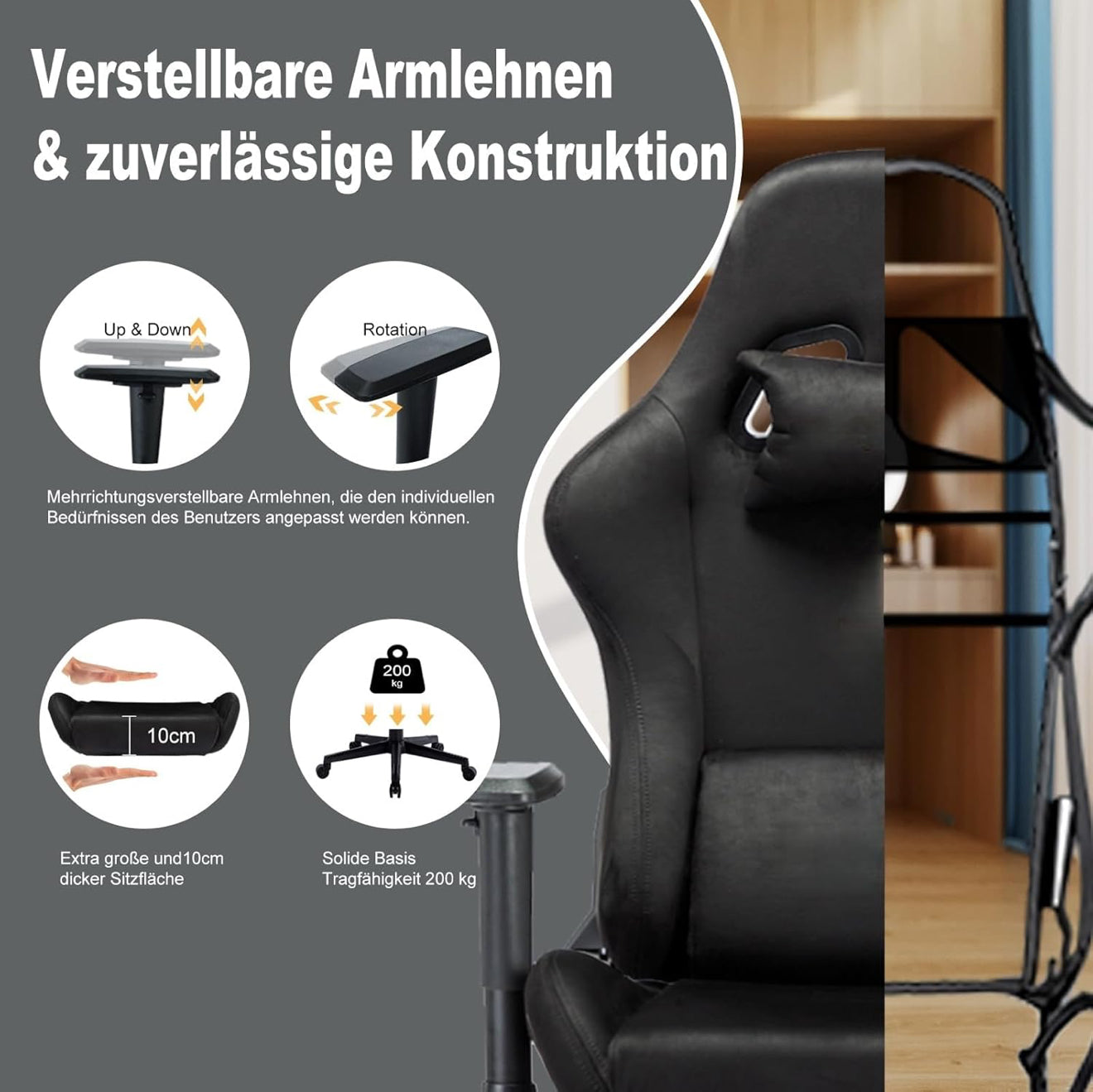 Gaming Stuhl ergonomisch | PC Stuhl, höhenverstellbar, drehbar, Fußstütze, 4 Farben