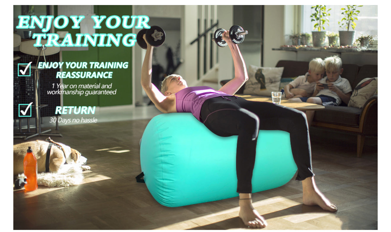 Aufblasbarer Gymnastik Air Roller Set – 100×60 cm – Inklusive 600 W Elektropumpe & Ventilschlüssel – Air Barrel Yoga Tumbling Matte