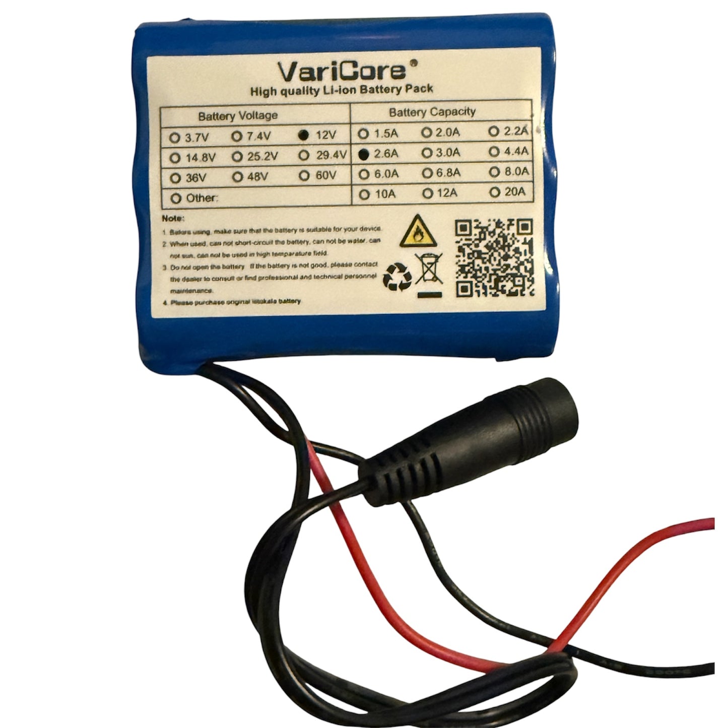 VariCore 12V 2.6Ah Li-Ion Akku Pack 2X DC Jack 18650