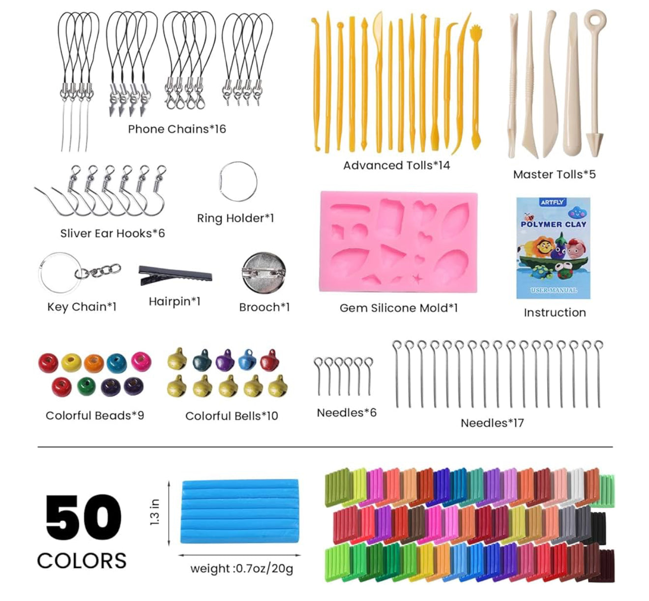 ARTFLY 50 Farben Polymer Clay Set + 50+ Zubehörteile Modellier- & Schmuckset