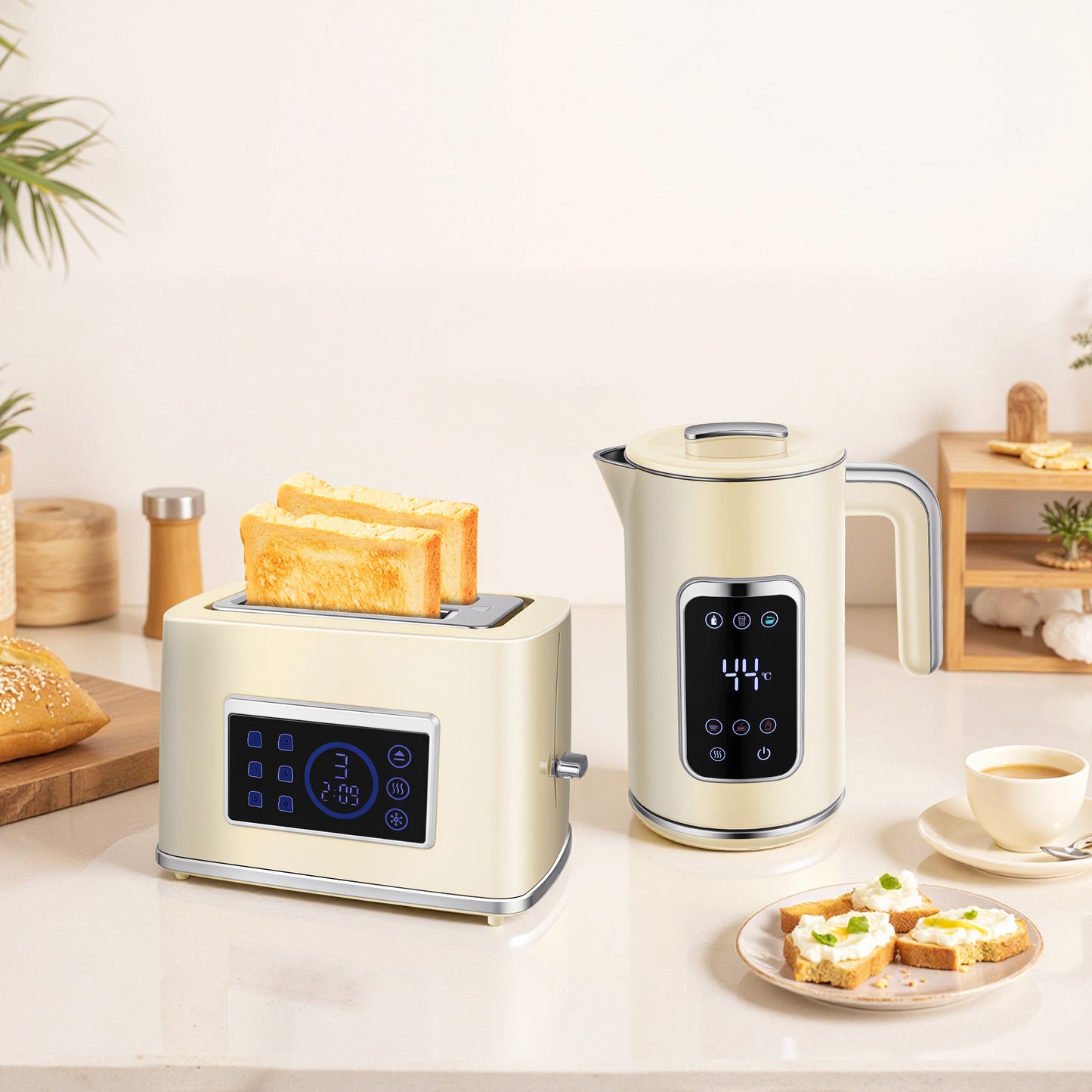Elektrischer Wasserkocher & Toaster-Set 1,7L LED-Touchscreen Schwarz/Creme