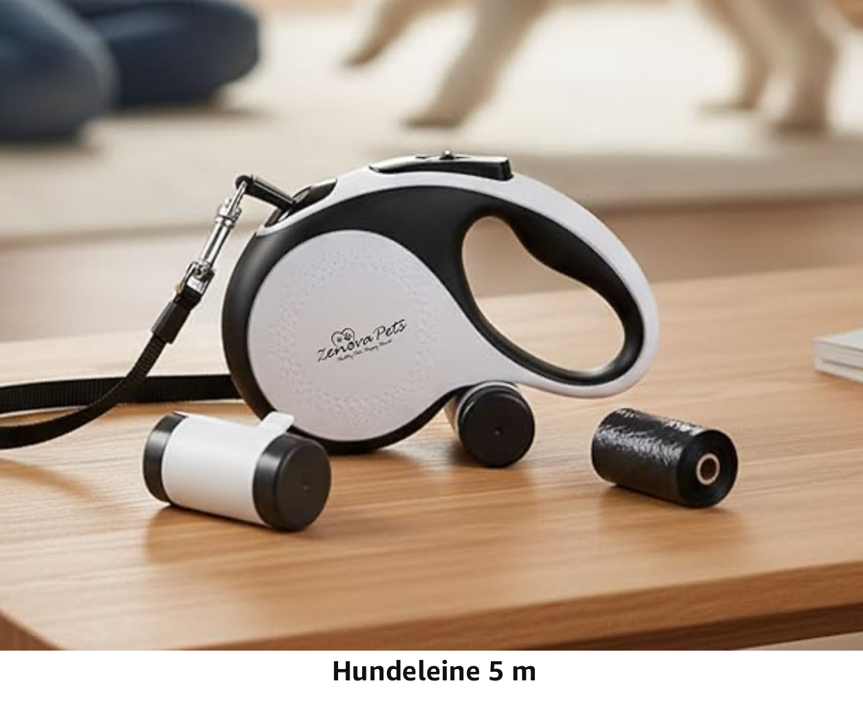 Hunde Rollleine 5m mit Kotbeutelhalter | Schnellbremse, rutschfest bis 30kg