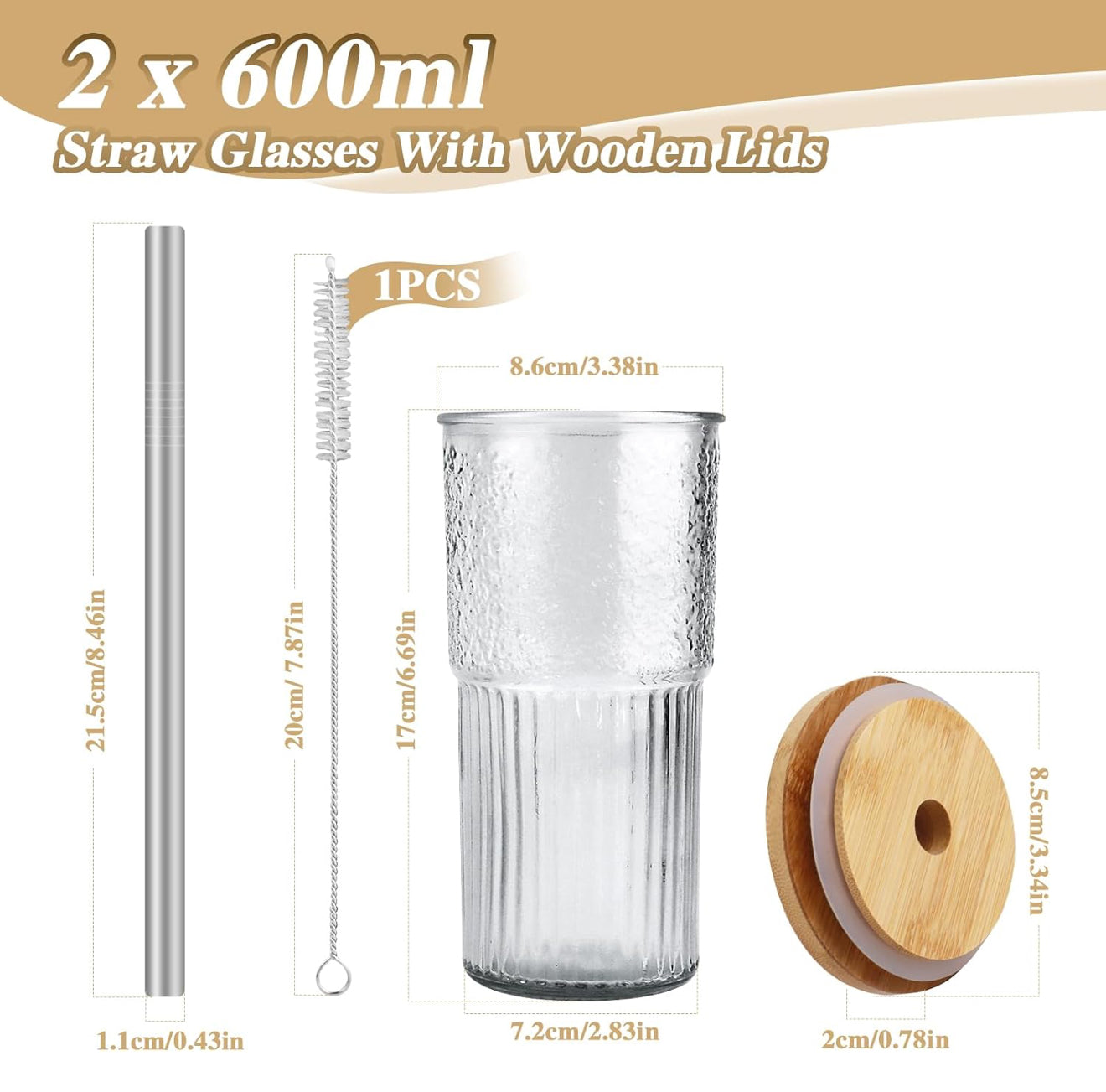 2x 600ml Boba Cup Glas Trinkbecher mit Bambusdeckel & Edelstahl Stronhalm Set