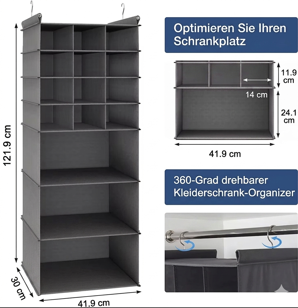 2er Set Schrank Organizer 30 Fächer Hängeregal Kleiderschrank Aufbewahrung Grau