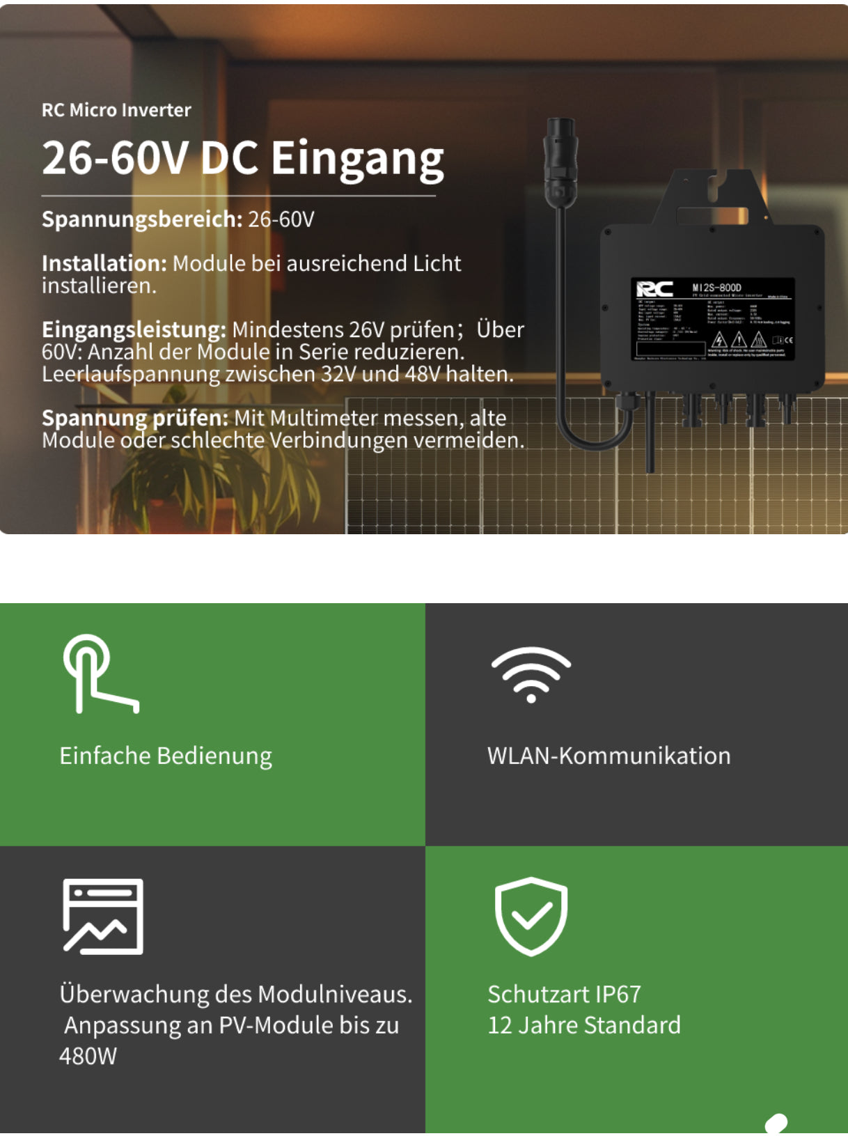 RC 800W Mikro-Wechselrichter MPPT 26–60V WiFi Balkon-PV Inverter IP67