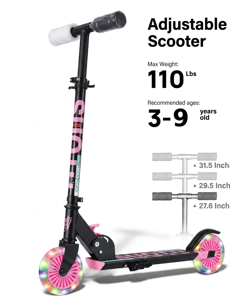 Kinder Scooter mit LED-Rollen, höhenverstellbar, klappbar, bis 50 kg belastbar