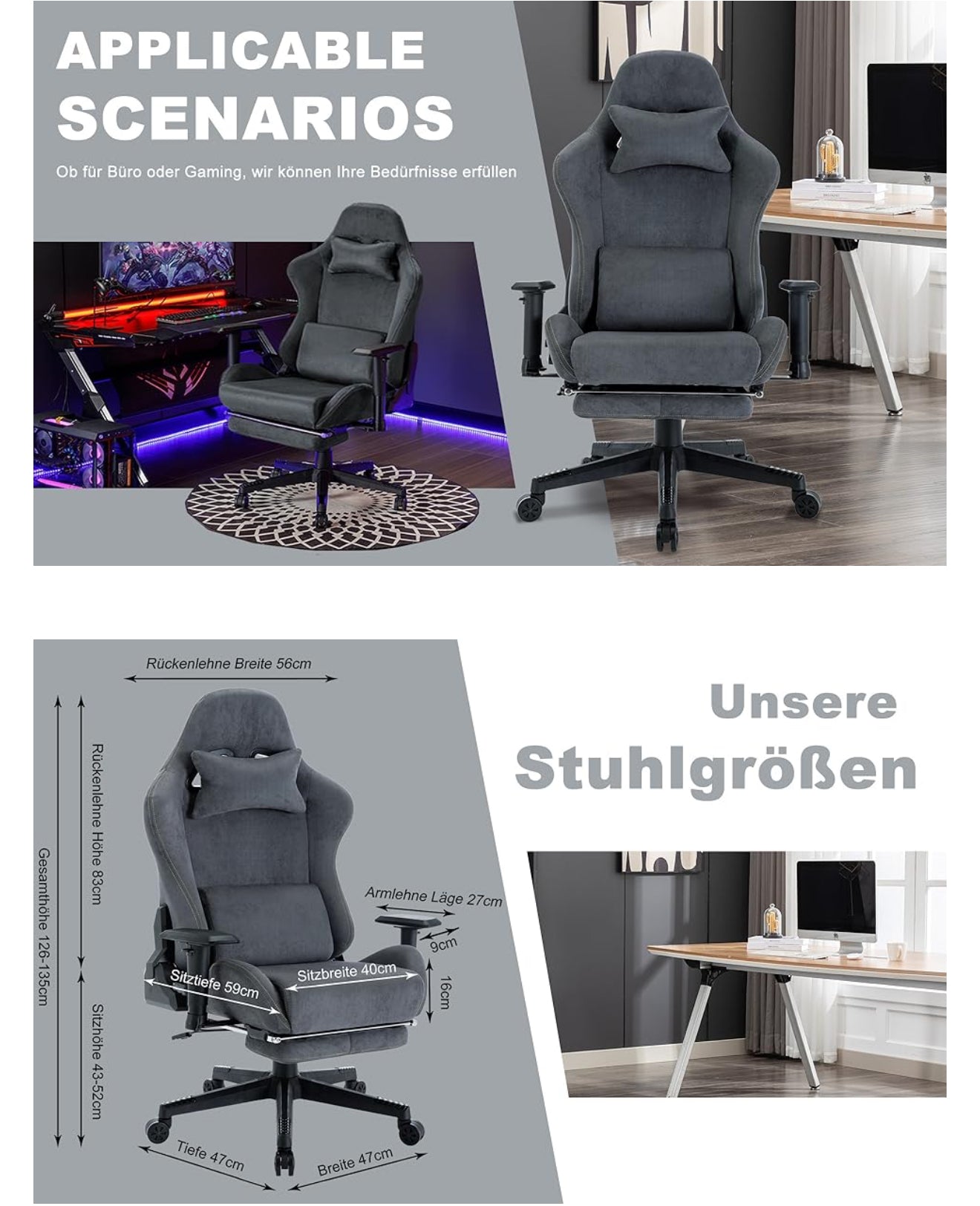 Gaming Stuhl ergonomisch | PC Stuhl, höhenverstellbar, drehbar, Fußstütze, 4 Farben