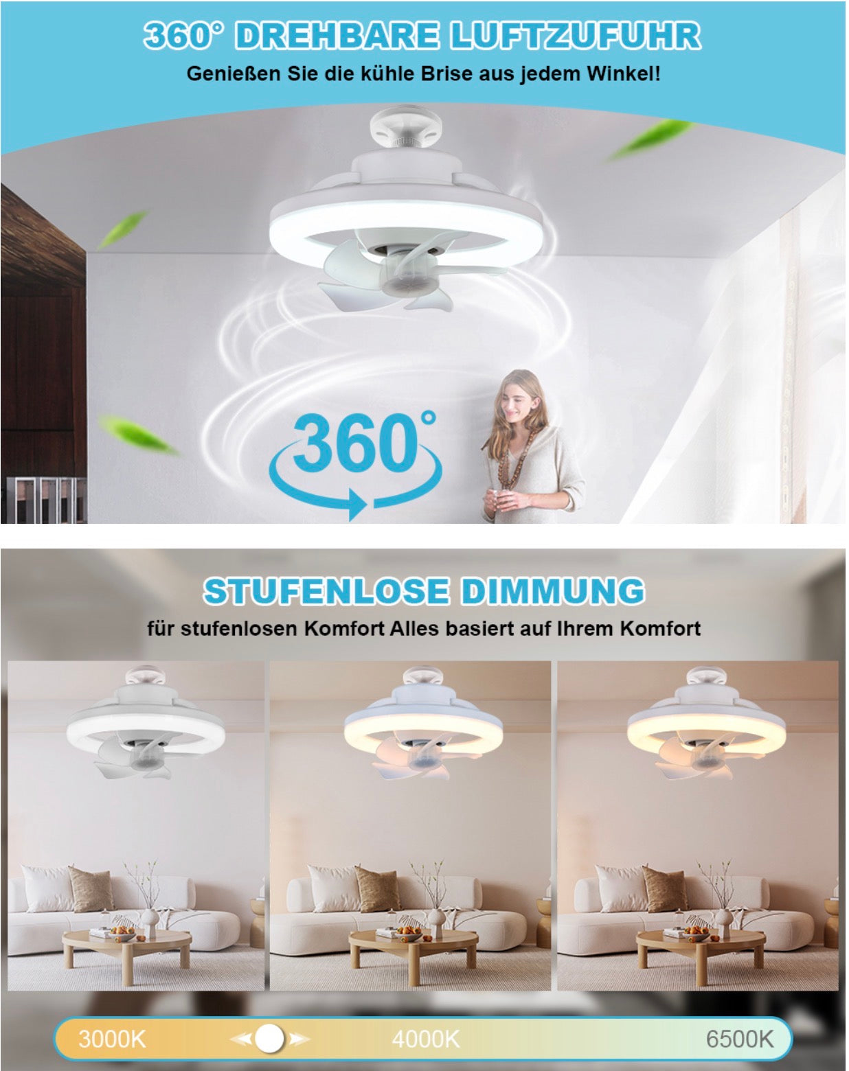 LED Deckenventilator mit Licht, Fernbedienung, 360° drehbar, dimmbar, 3 Lichtmodi