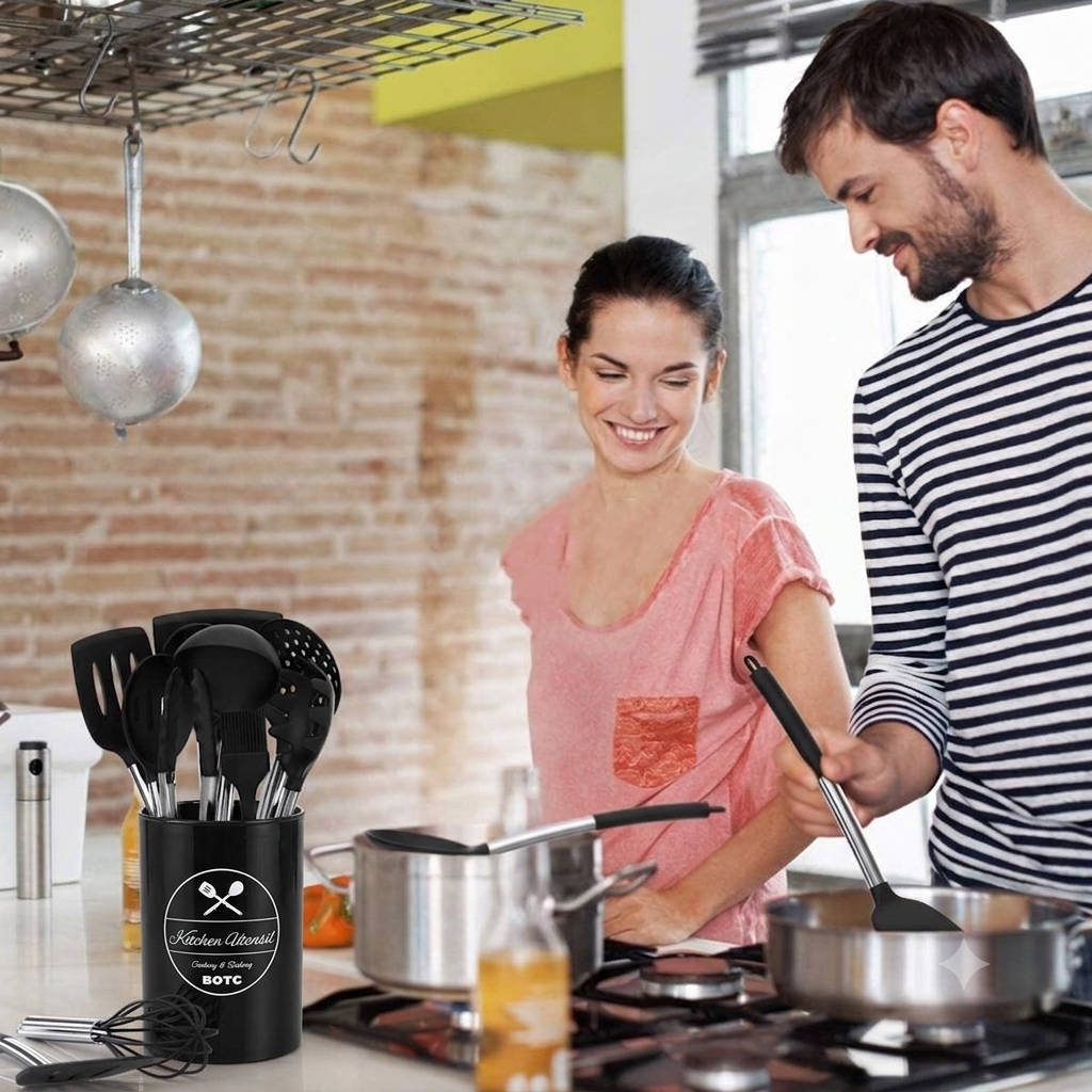 Umite Chef 15-teiliges Silikon Küchenhelfer Set Kochutensilien Schwarz