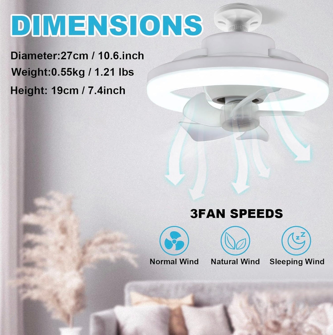 LED Deckenventilator mit Licht, Fernbedienung, 360° drehbar, dimmbar, 3 Lichtmodi